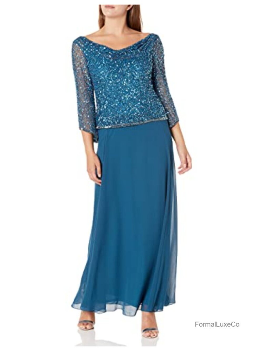 Long Beaded Dress with Cowl Neck 3/4 Sleeve Formal Gown